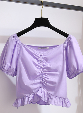 紫色一字领露肩锁骨泡泡短袖T恤女2025年夏季新款大方领短款上衣