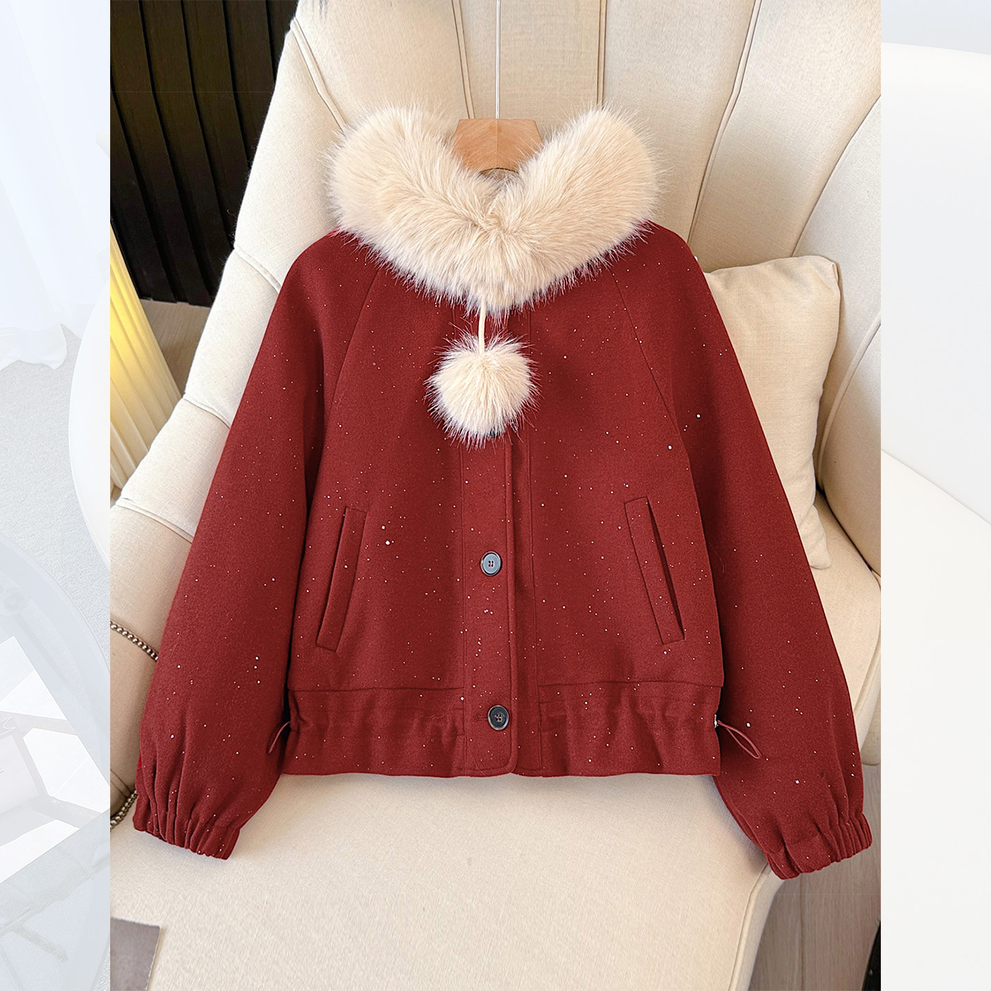 本命过新年战袍红色毛呢外套女短款2025秋冬新款夹棉加厚毛领大衣,女装/女士精品,毛呢外套,淘宝优惠券,粉丝福利购,淘宝优惠卷