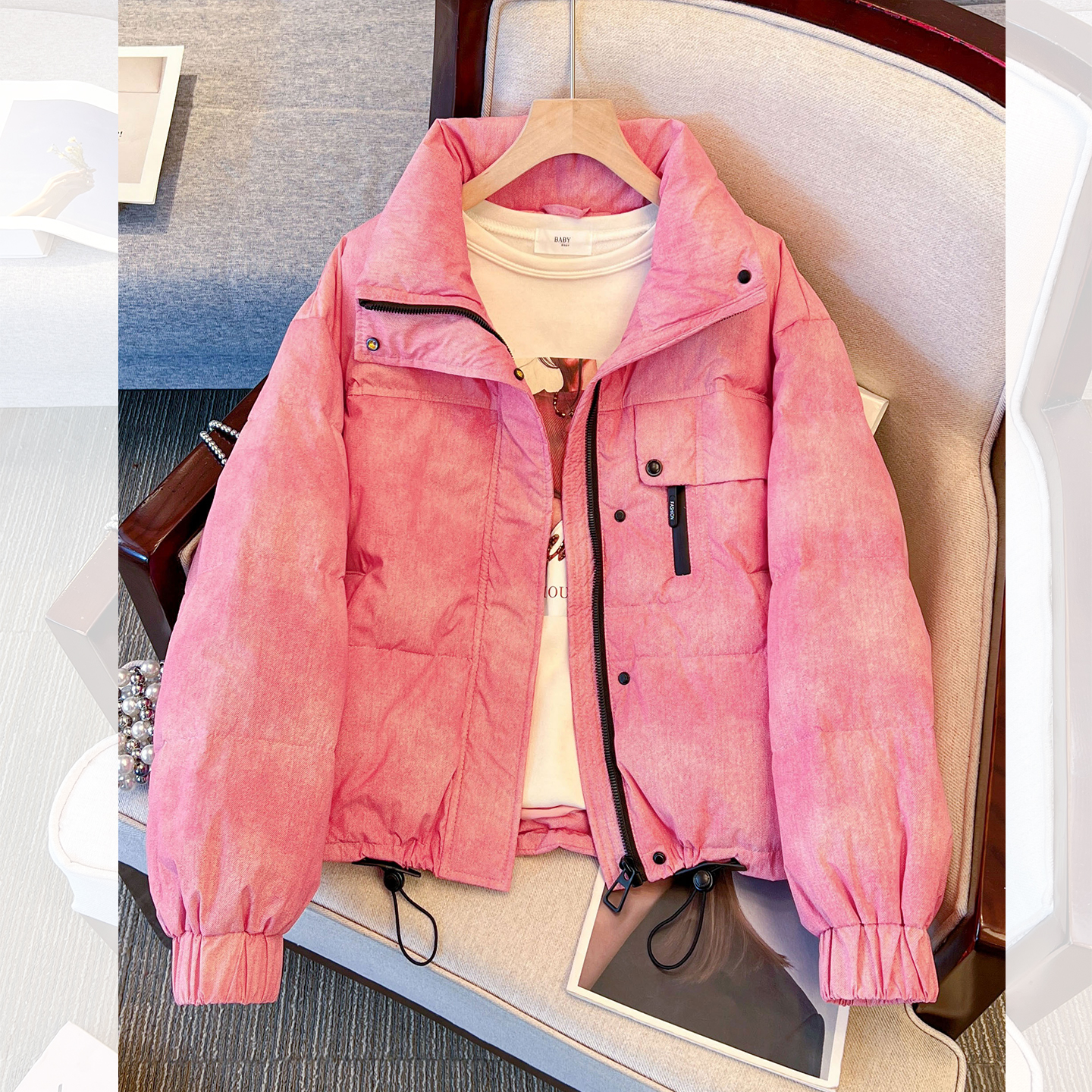 粉色超好看立领短款羽绒服女外套