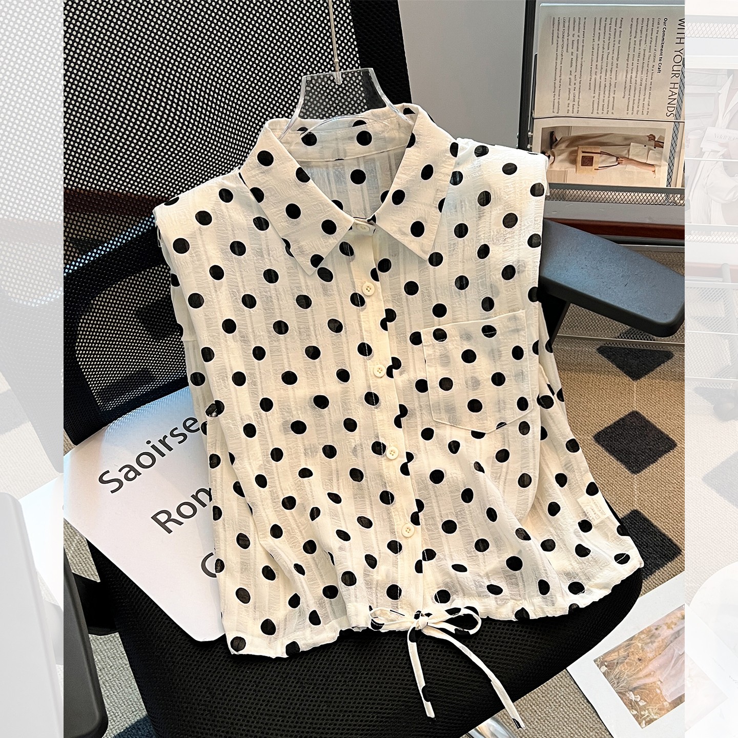 黄色碎花无袖衬衫背心下摆抽绳女