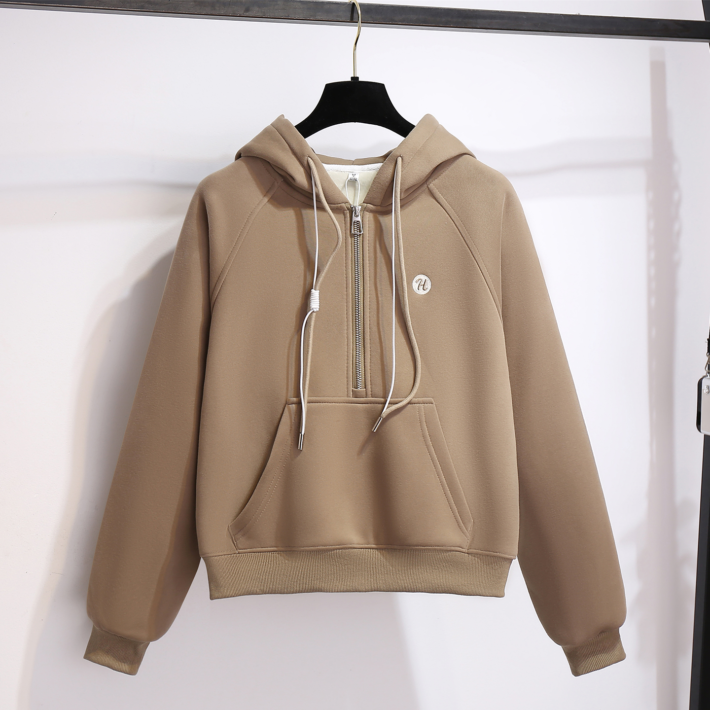 卡其色连帽半拉链卫衣加绒加厚女