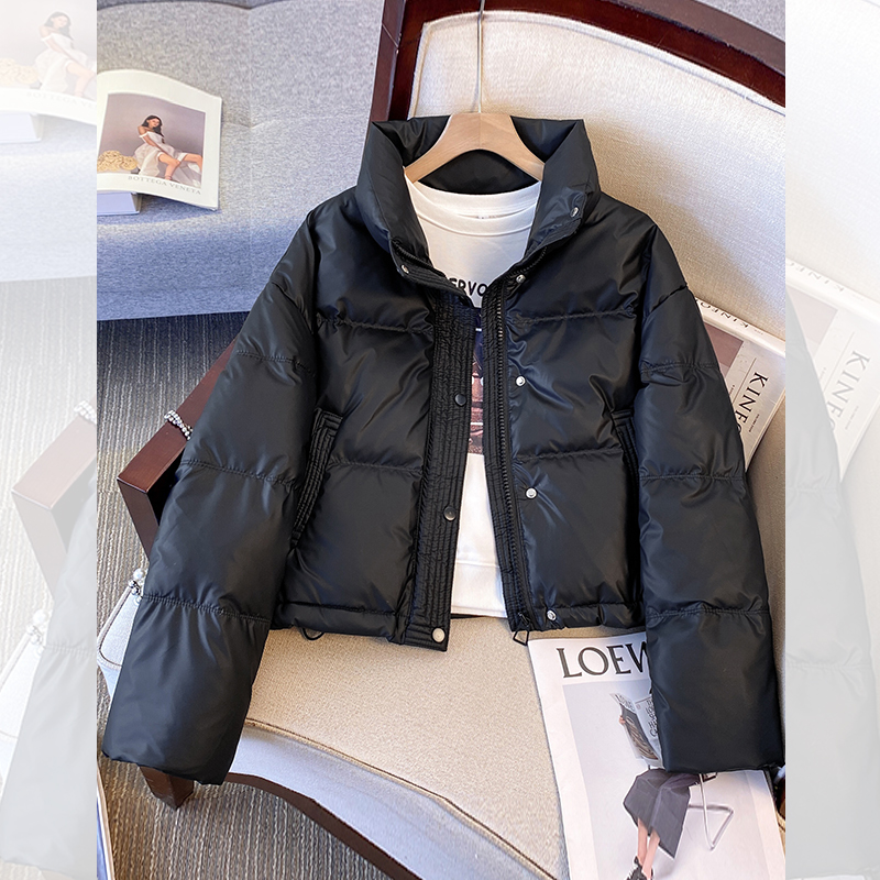 黑色美式免洗PU皮立领短款羽绒服
