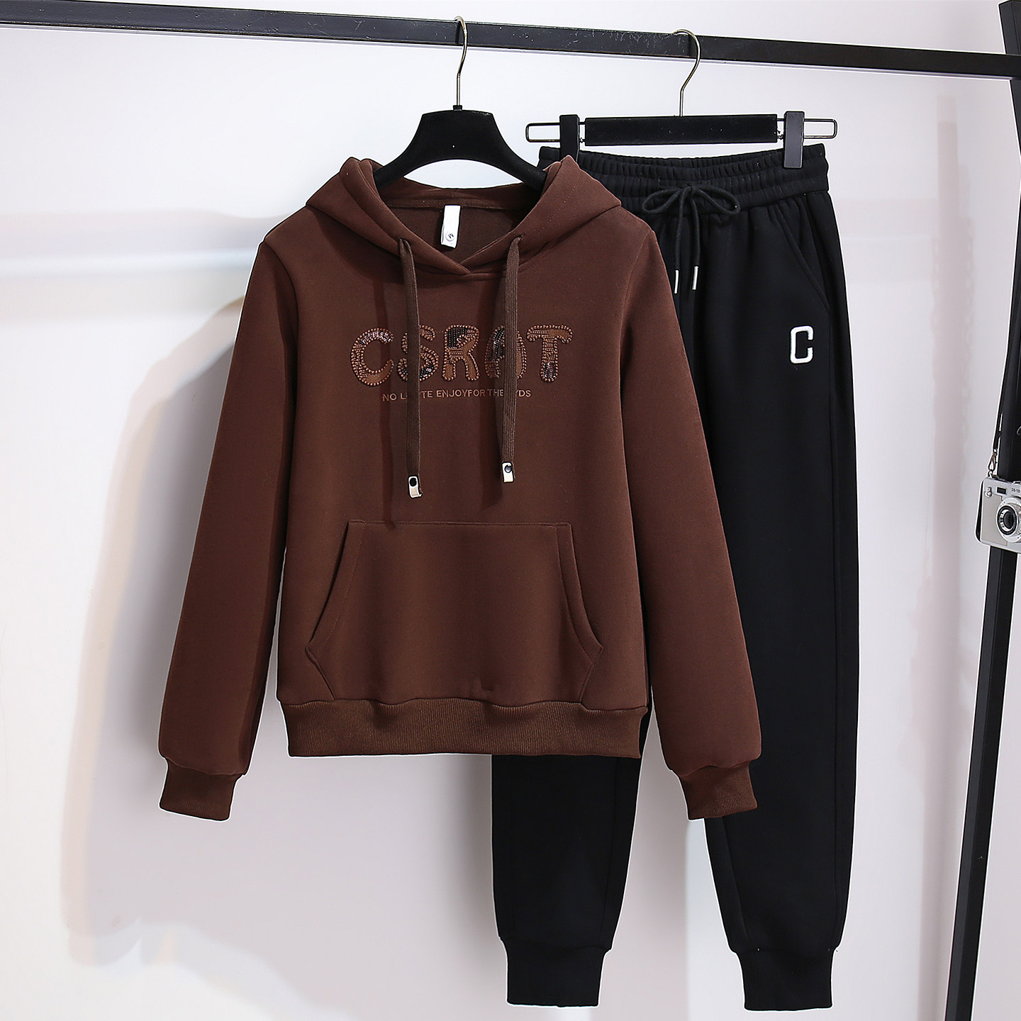 美拉德咖色连帽套头卫衣加绒加厚