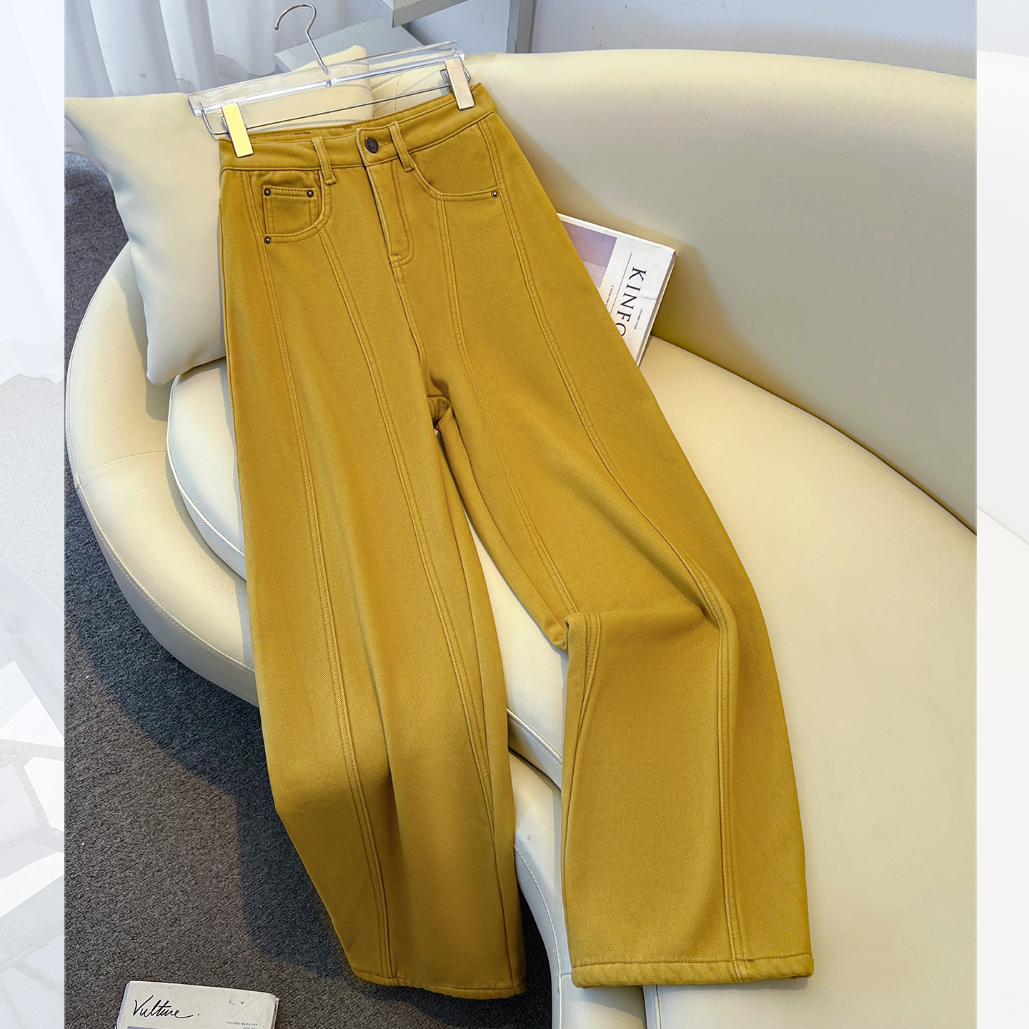 加绒加厚黄色高腰阔腿弯刀牛仔裤