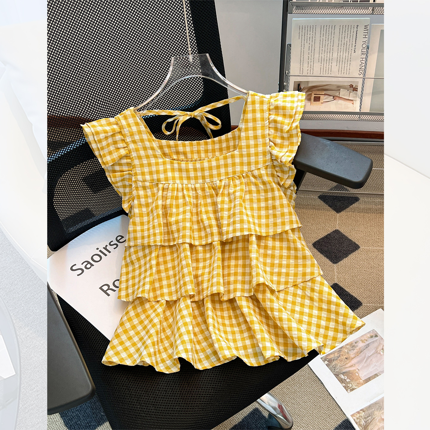 法式荷叶边飞飞袖格子方领衬衫女