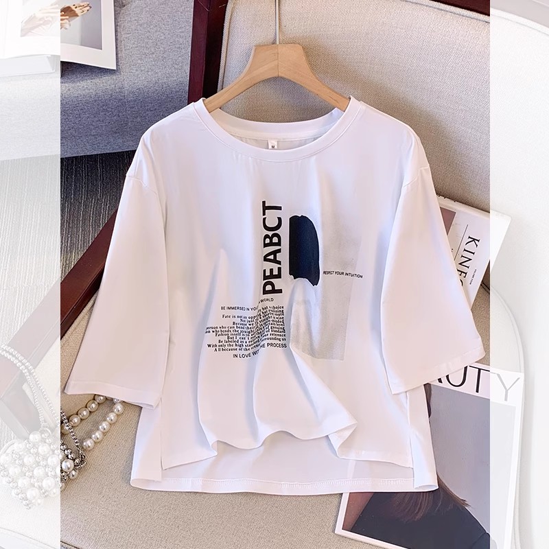 前短后长圆领中七分袖短袖T恤女2025年夏季新款白色减龄开叉上衣