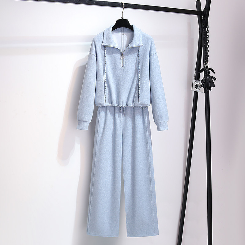休闲运动服奶蓝色卫衣阔腿裤女2025早秋新款时尚洋气时髦两件套装