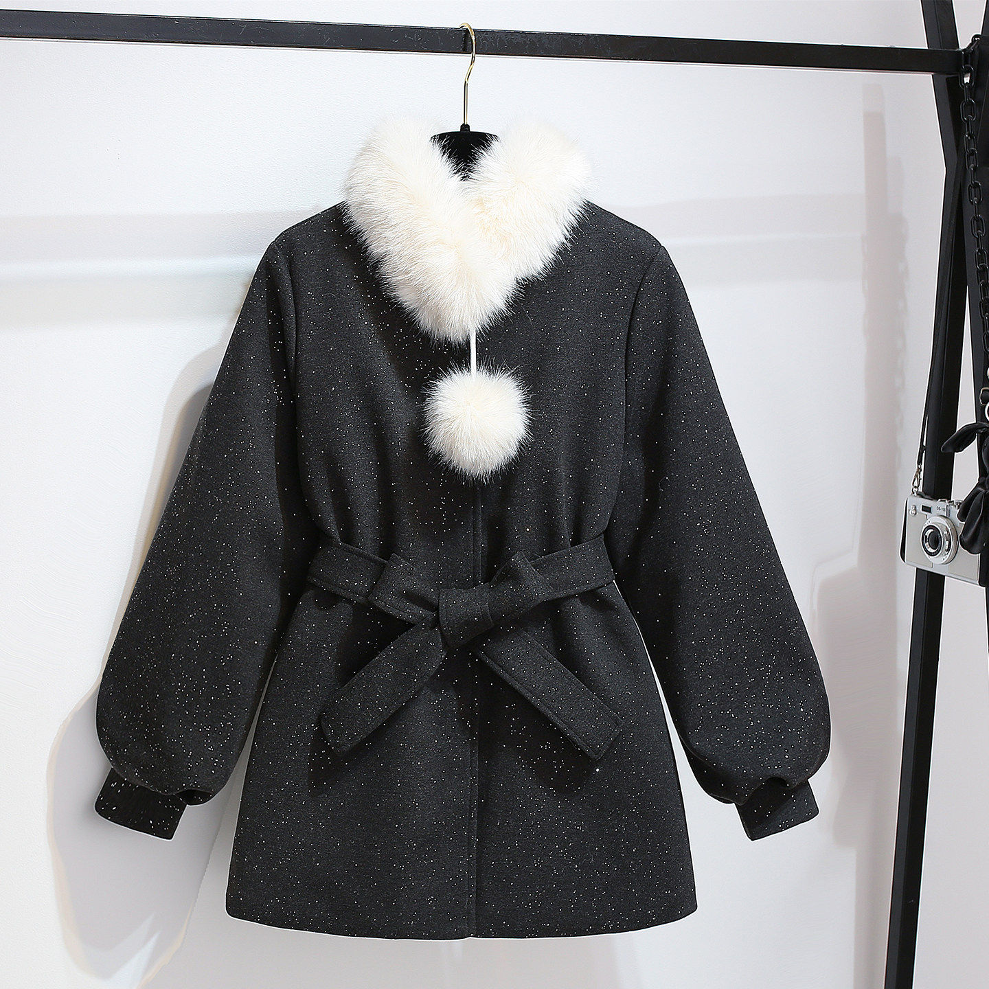 灰色毛领围脖毛呢外套女夹棉加厚2026秋冬新高级感中长款收腰大衣,女装/女士精品,毛呢外套,淘宝优惠券,粉丝福利购,淘宝优惠卷