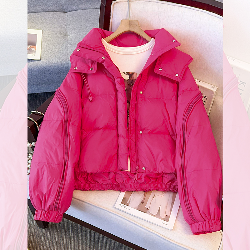 玫红色设计感小众短款连帽羽绒服