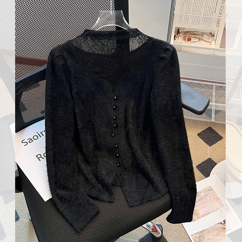 黑色小半高领蕾丝针织内搭打底衫