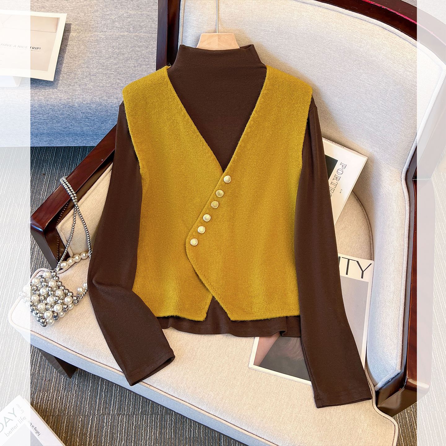 毛针织马甲内搭半高领打底衫两件