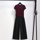 红色针织短袖 巨好看小个子两件套装 上衣配阔腿裤 女夏2025早秋新款