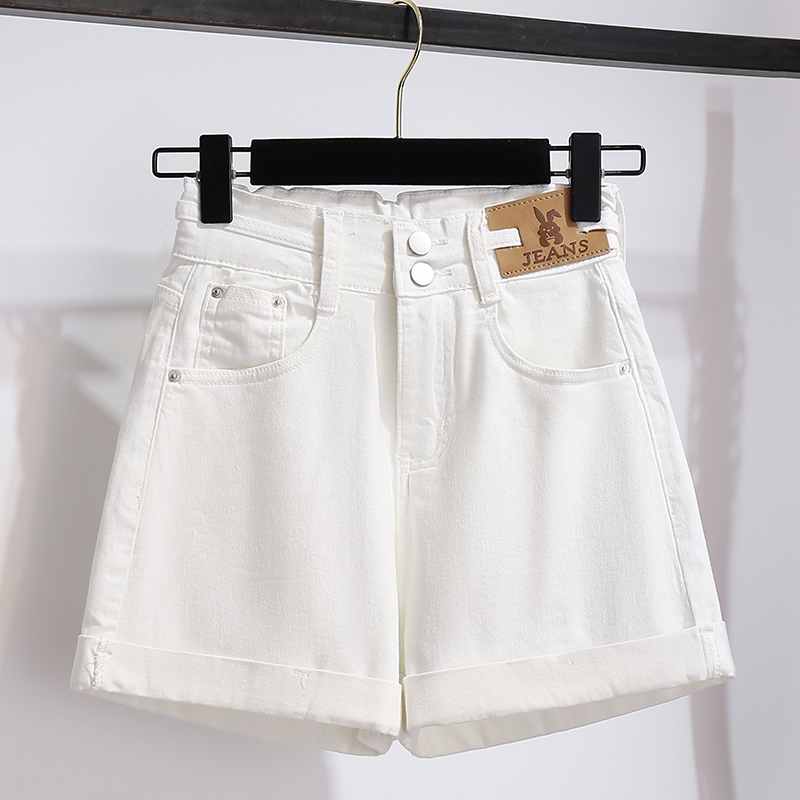 白色半松紧高腰牛仔短裤