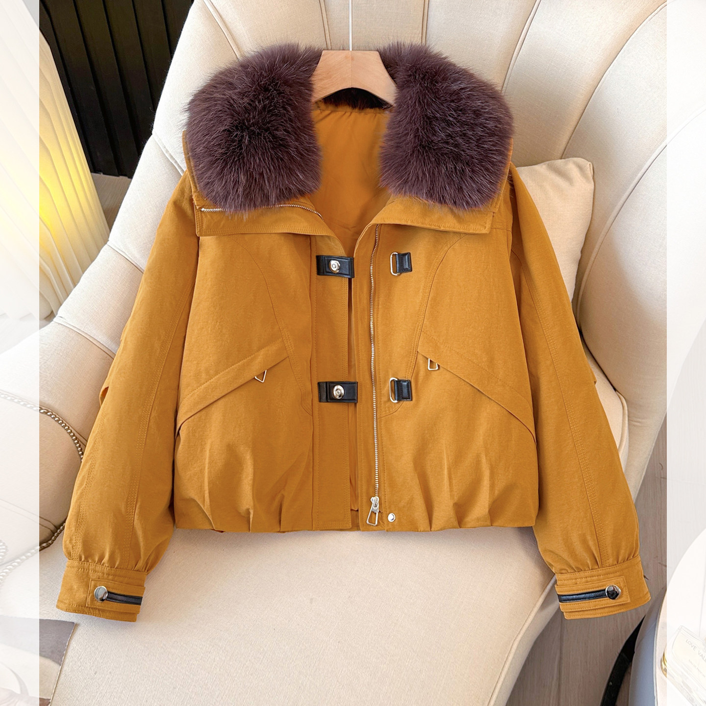 深冬巨好看的大翻领羽绒服内胆女2025新款橘色毛领派克服加厚外套