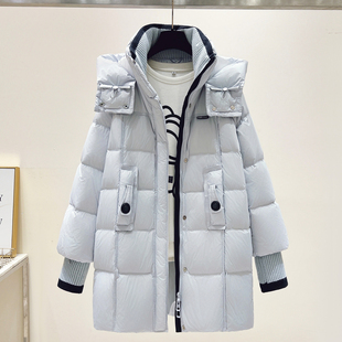 超火奶蓝色连帽面包羽绒服女中长款遮屁股2025冬装新加厚保暖外套