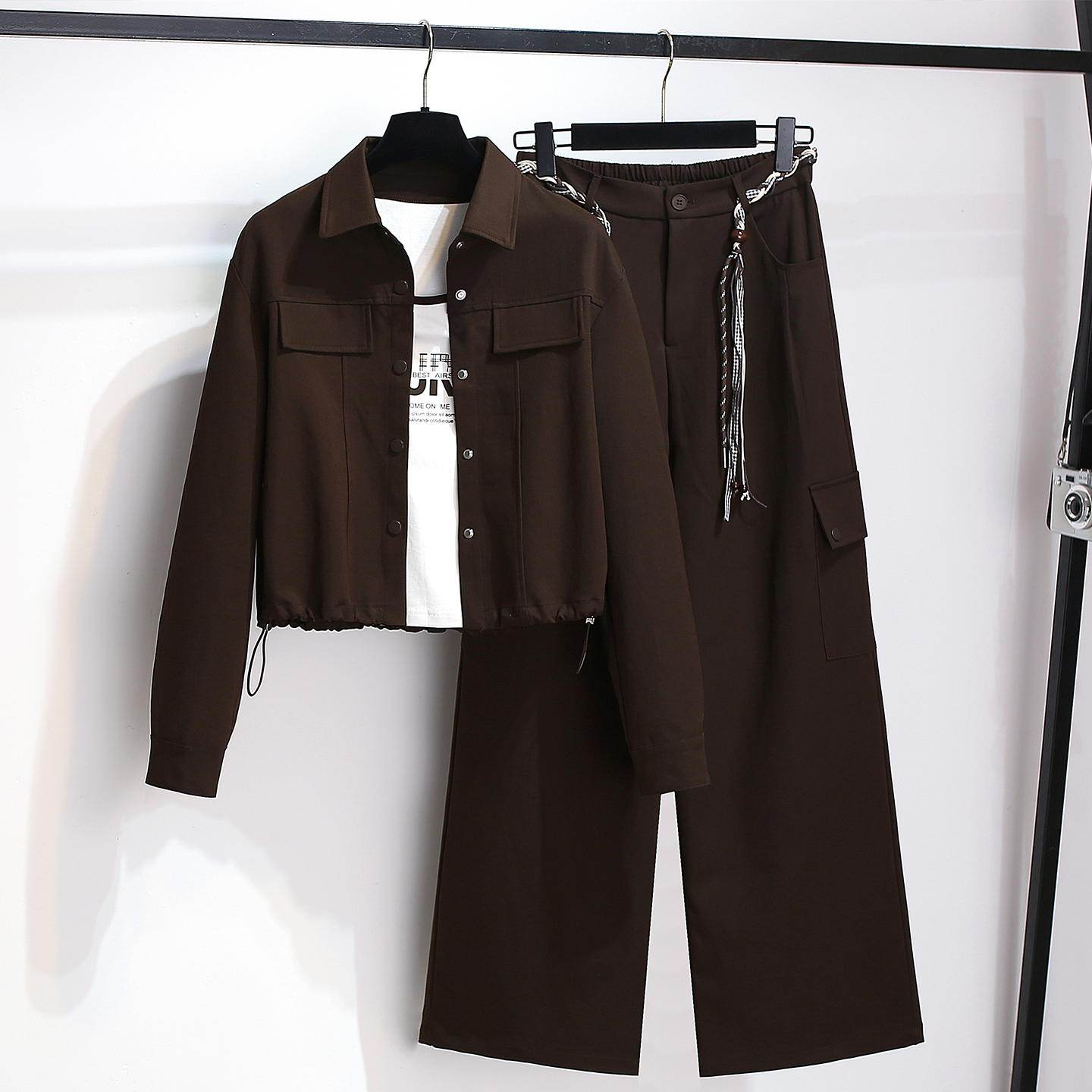 长袖衬衫外套内搭吊带阔腿裤套装