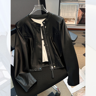 复古黑色pu皮衣小立领外套女酷飒风2025初春秋新款机车服短款夹克