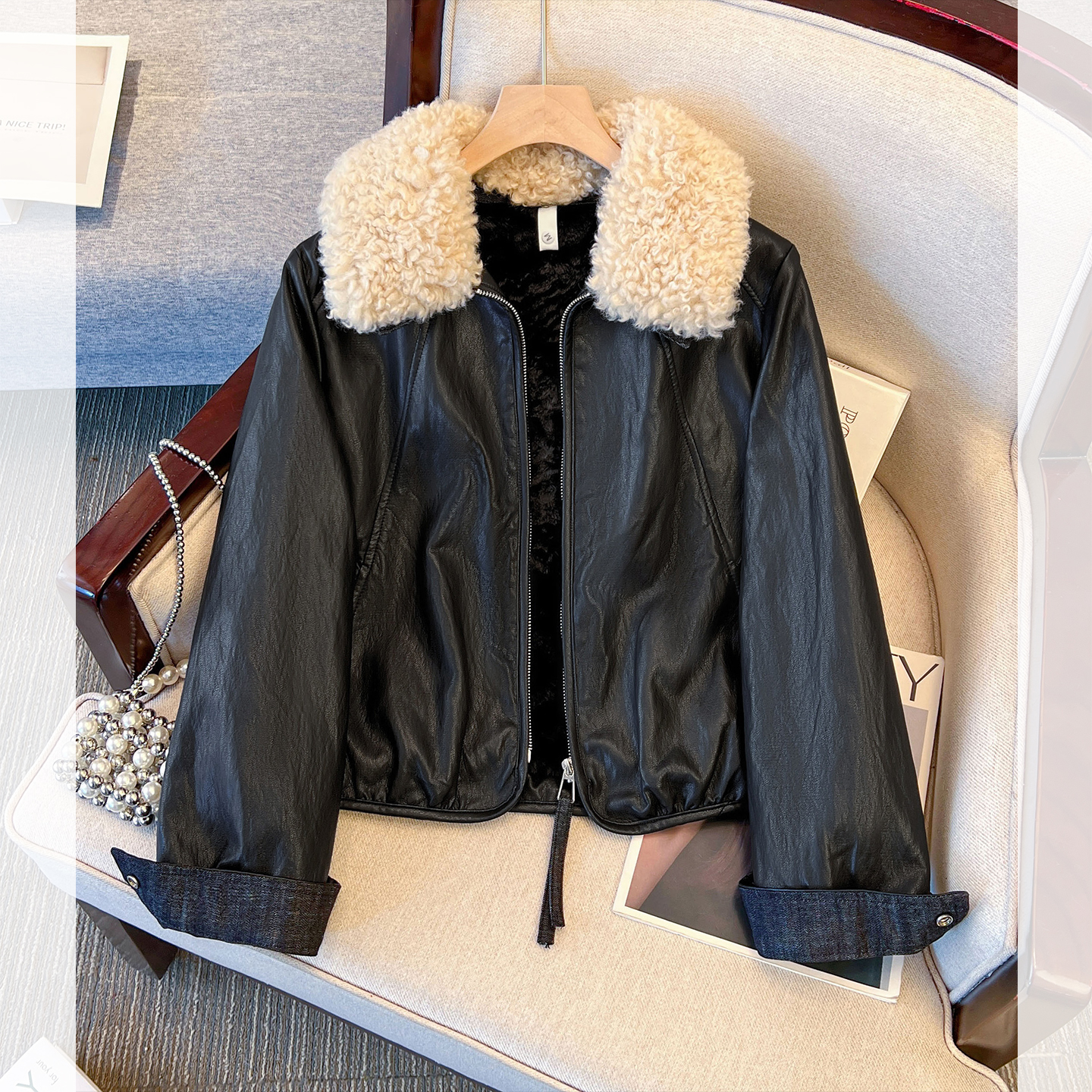 羊羔毛领pu皮衣加绒加厚外套女