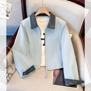 蓝色短款 新款 夹克 PU皮翻领拼接正肩外套女2026开春季 今年流行爆款