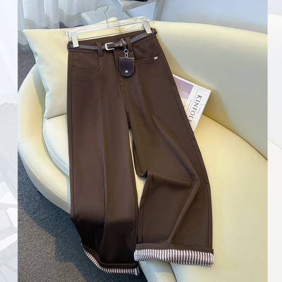 棕色高腰条纹翻边阔腿牛仔裤女