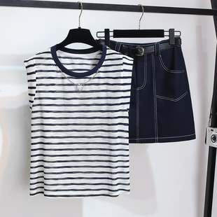今年流行爆款冰丝无袖条纹t恤牛仔短裙女2026夏季新款两件套装裙