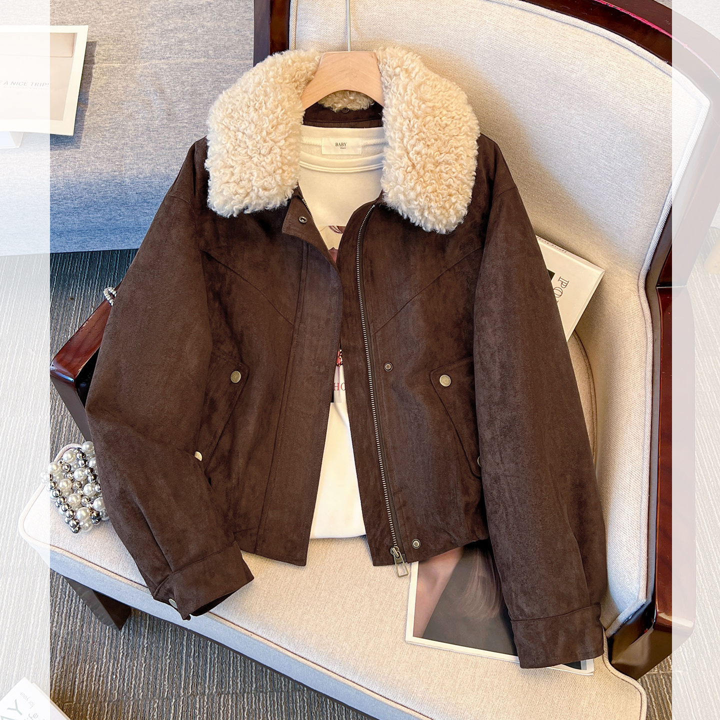 复古羊羔毛领麂皮绒夹棉加厚外套