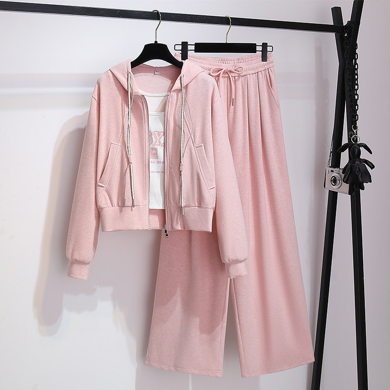 休闲运动服粉色连帽卫衣背心阔腿裤女2025早秋新款小个子三件套装