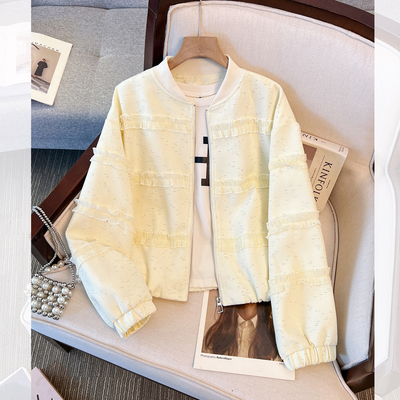 小香风黄色花边棒球服外套女短款