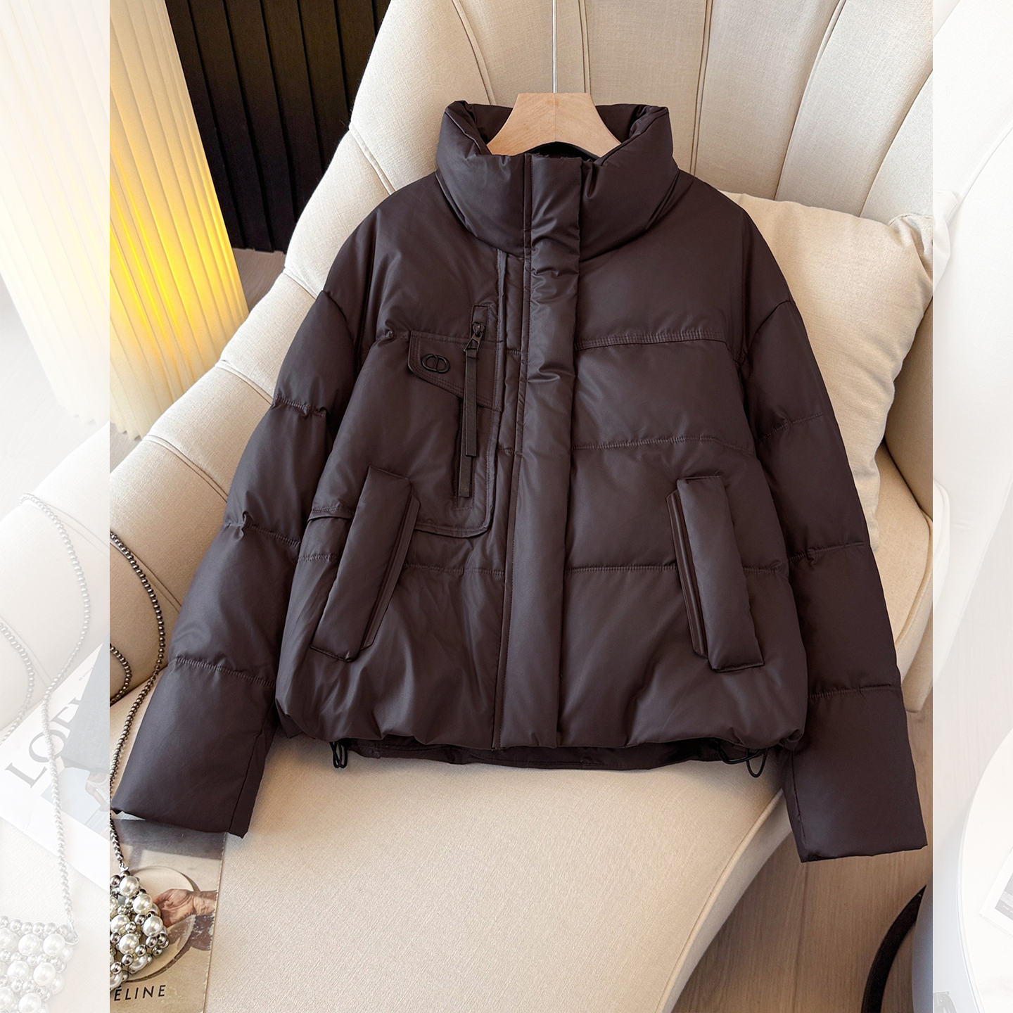 美拉德棕咖色立领PU皮衣羽绒服女