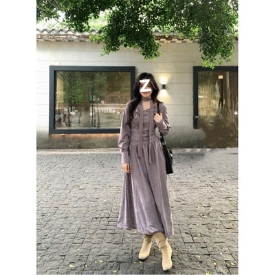 新中式紫色荡领飘带连衣裙