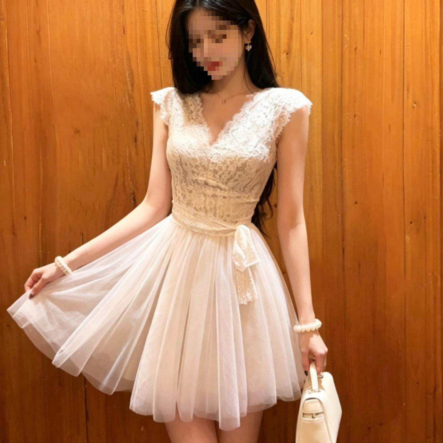 漂亮连衣裙女夏名媛感蕾丝拼接领