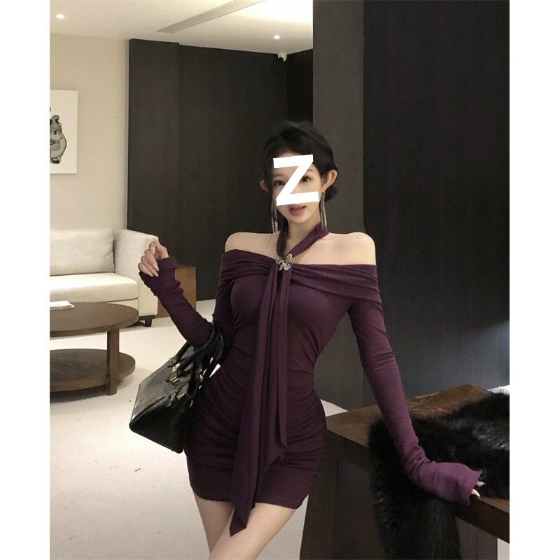 紫色飘带挂脖一字肩长袖连衣裙女婚纱裙撑2025年冬季