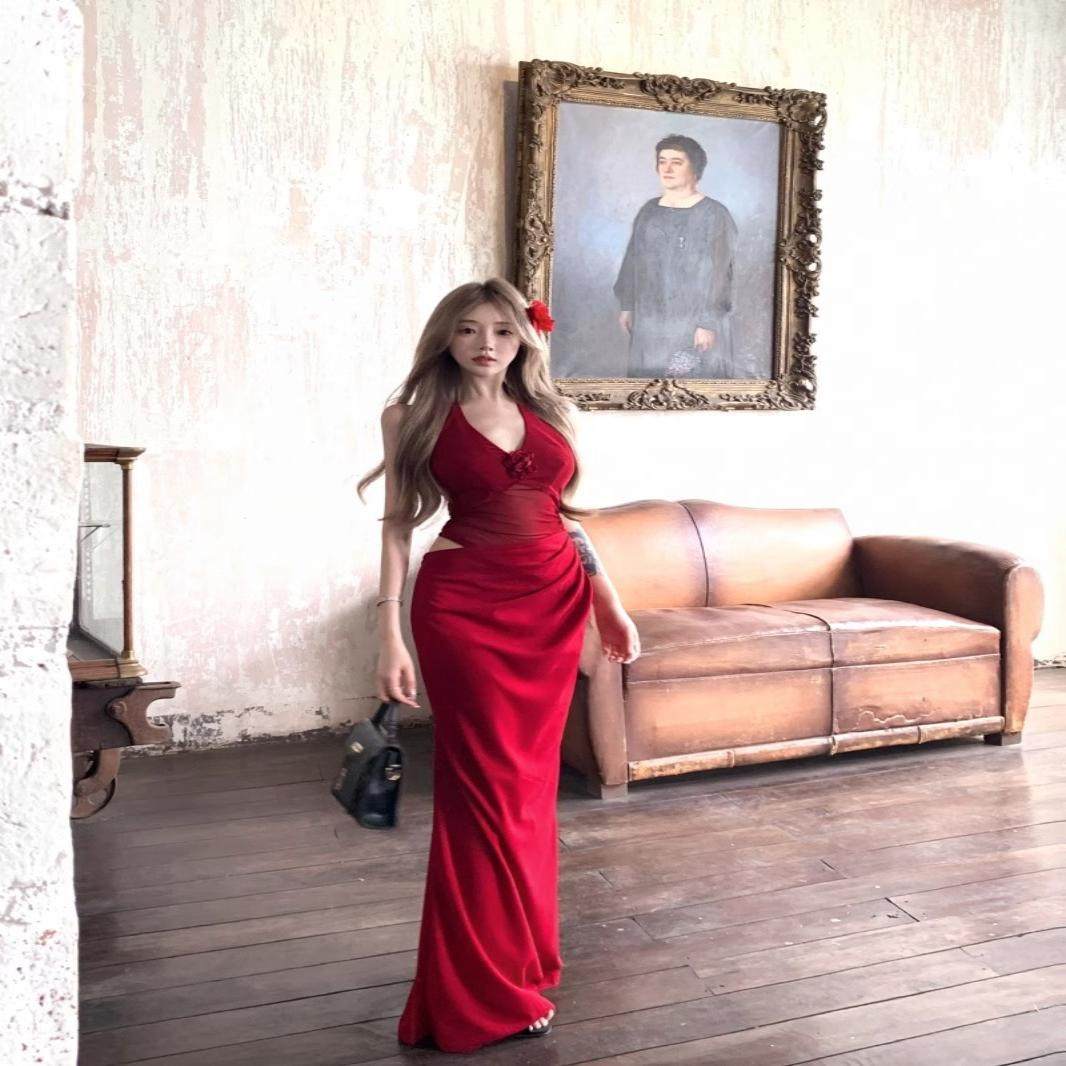 名媛气质红色网纱挂脖吊带连衣裙女夏季款性感辣妹V领包臀长裙子,女装/女士精品,连衣裙,淘宝优惠券,粉丝福利购,淘宝优惠卷