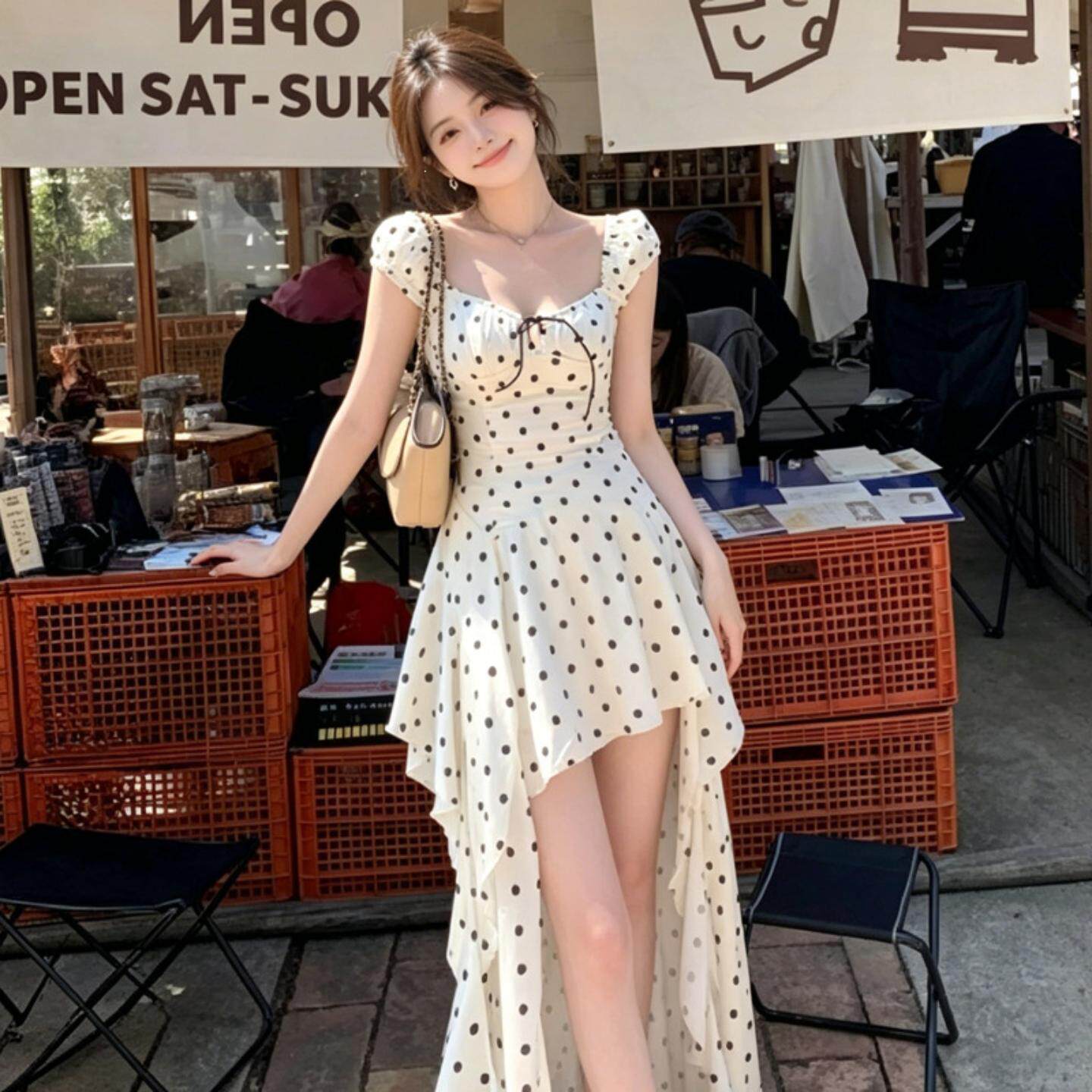 法式荷叶边白波点短袖连衣裙女