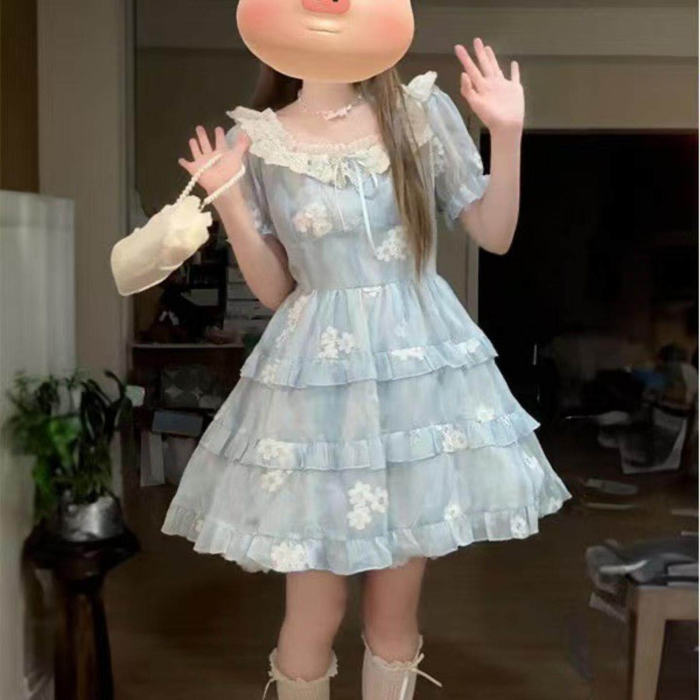 蕾丝边短袖方领连衣裙夏季新款小清新碎花短裙甜美蓬蓬裙子
