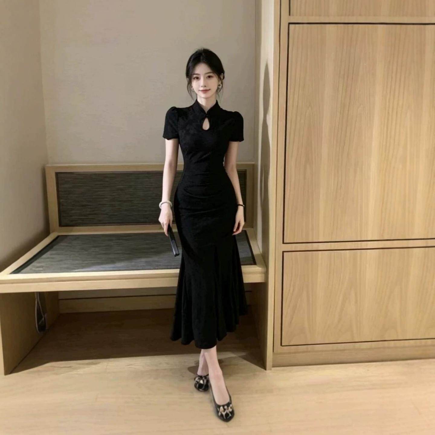 新中式改良旗袍连衣裙子长裙女夏季新款高级感气质小黑裙