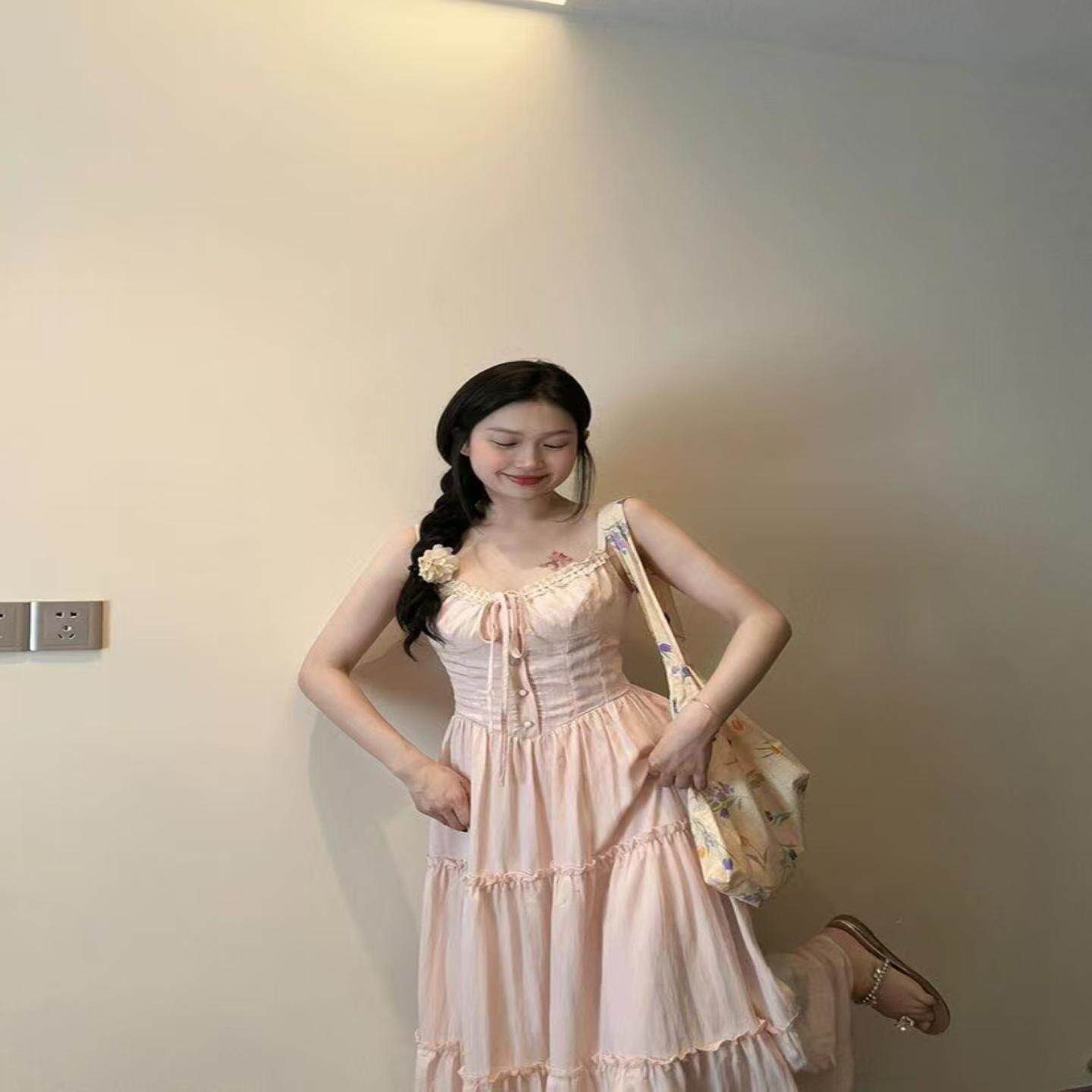 甜美纯欲风粉色蕾丝吊带长裙女
