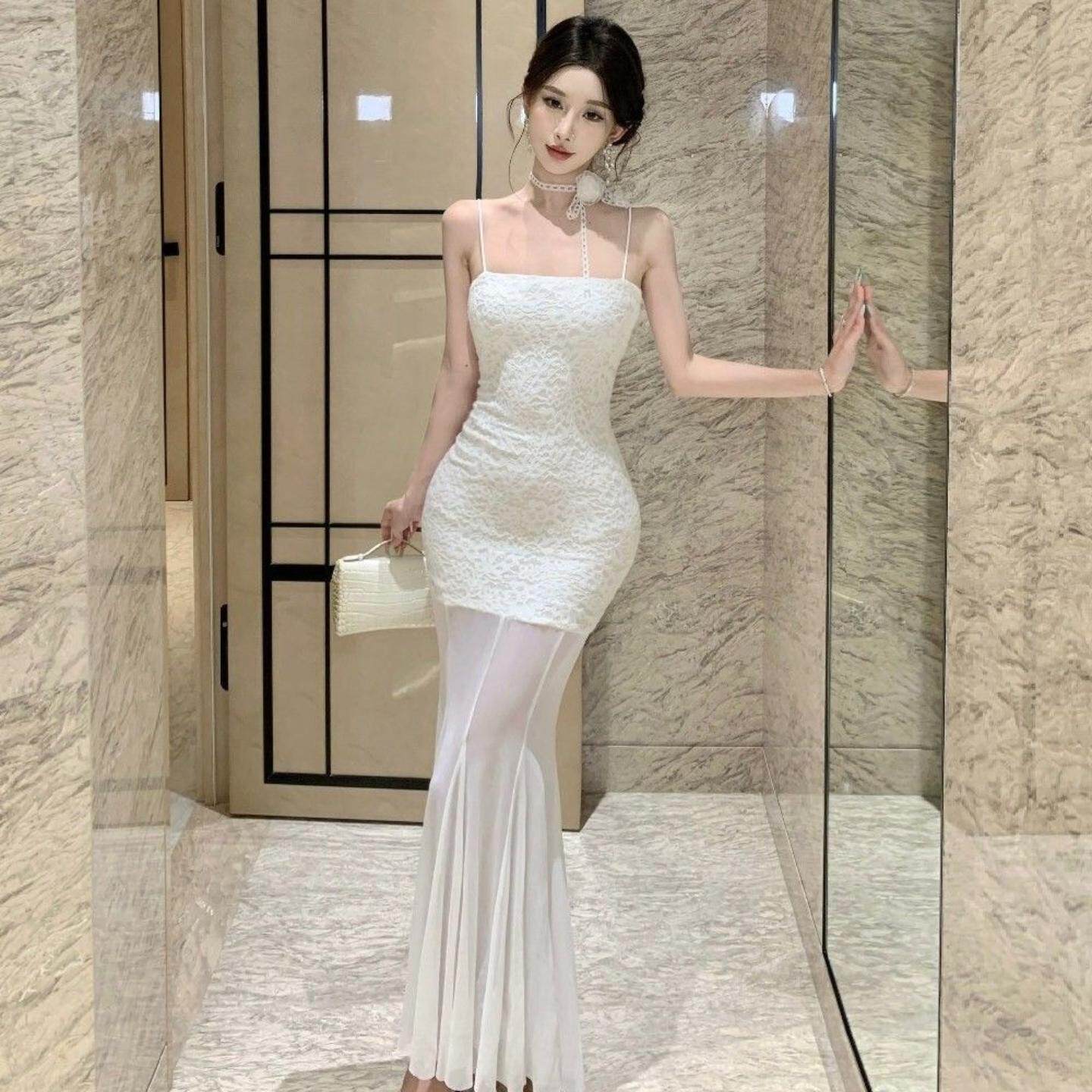 性感辣妹抹胸网纱连衣裙女夏度假