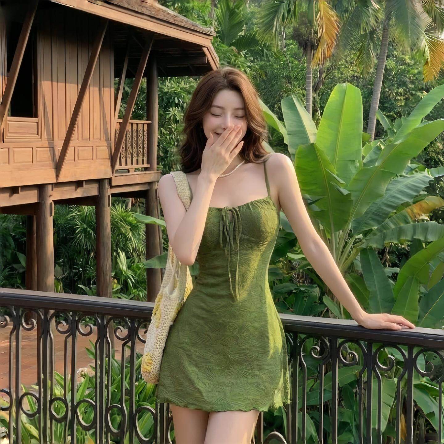 绿色清新吊带连衣裙女夏季氛围感系带抹胸绝美修身显瘦包臀短裙子
