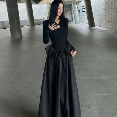 黑裙新中式立领盘扣长袖连衣裙女秋冬新款收腰显瘦感A字花苞长裙