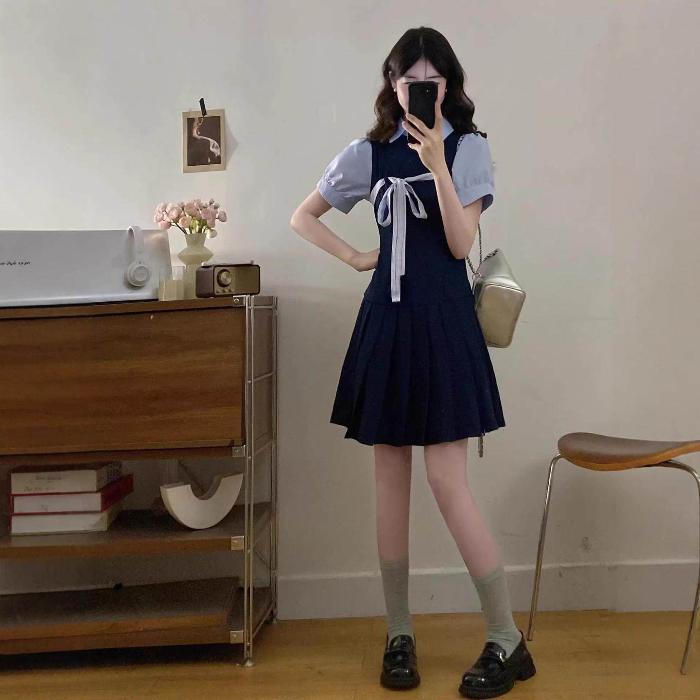 韩版学院风假两件连衣裙女夏季