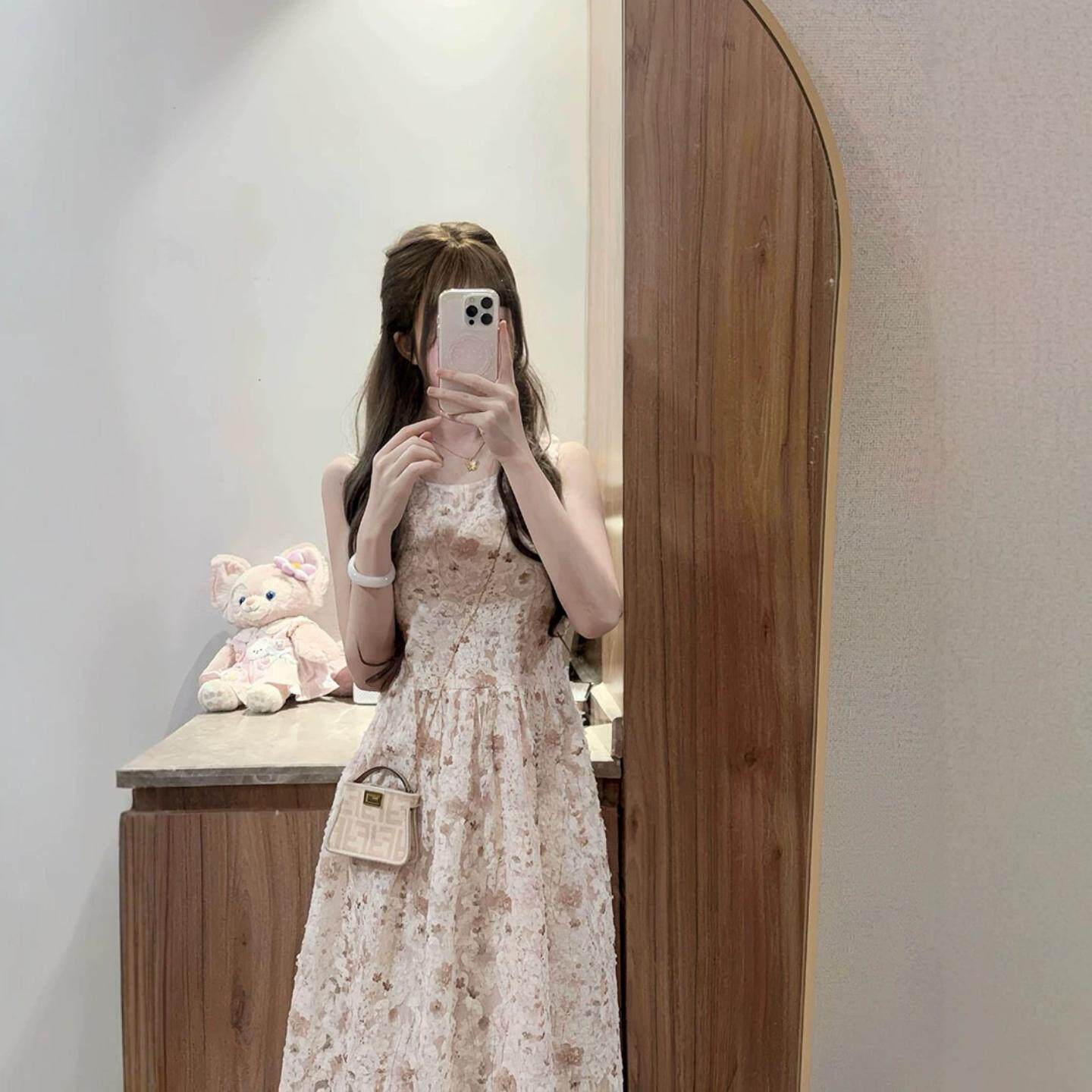 温柔风气质碎花背心长裙女春夏绝假粉色掐腰仙女连衣裙小个子