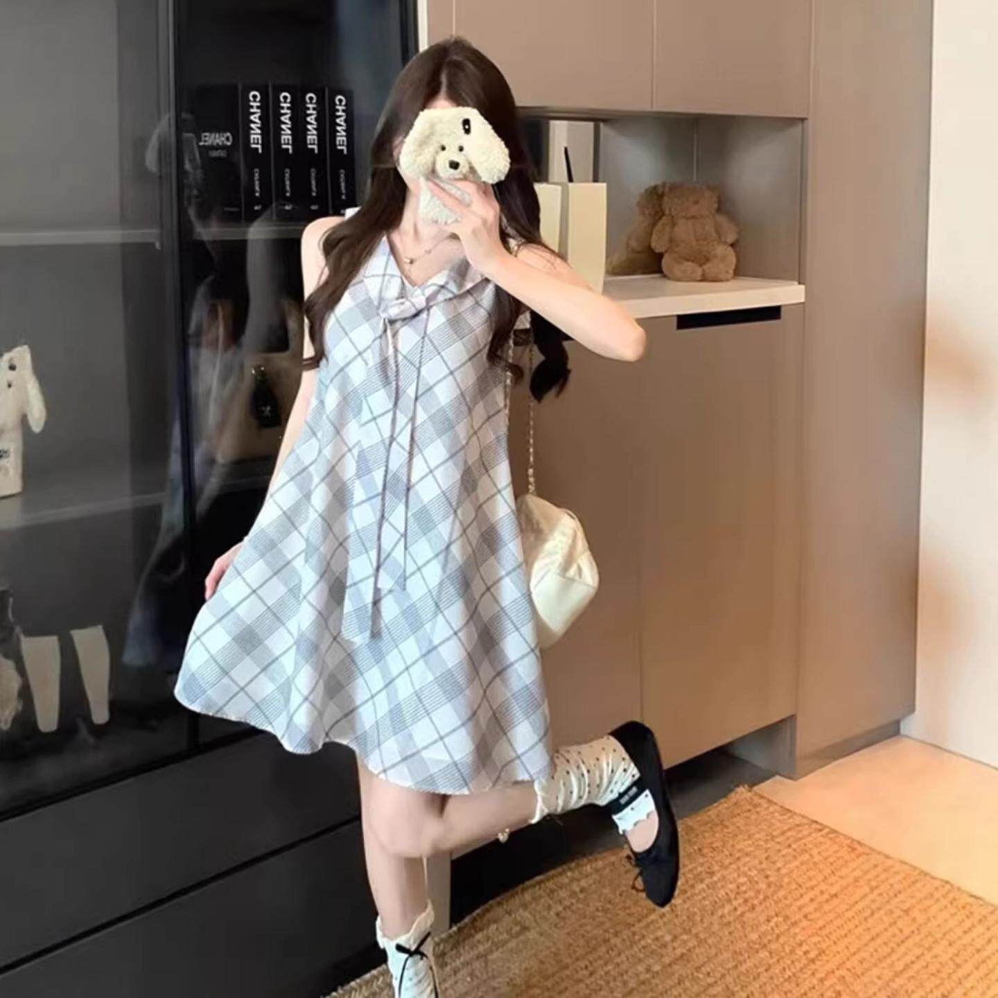 小个子韩系复古格纹海军领背心