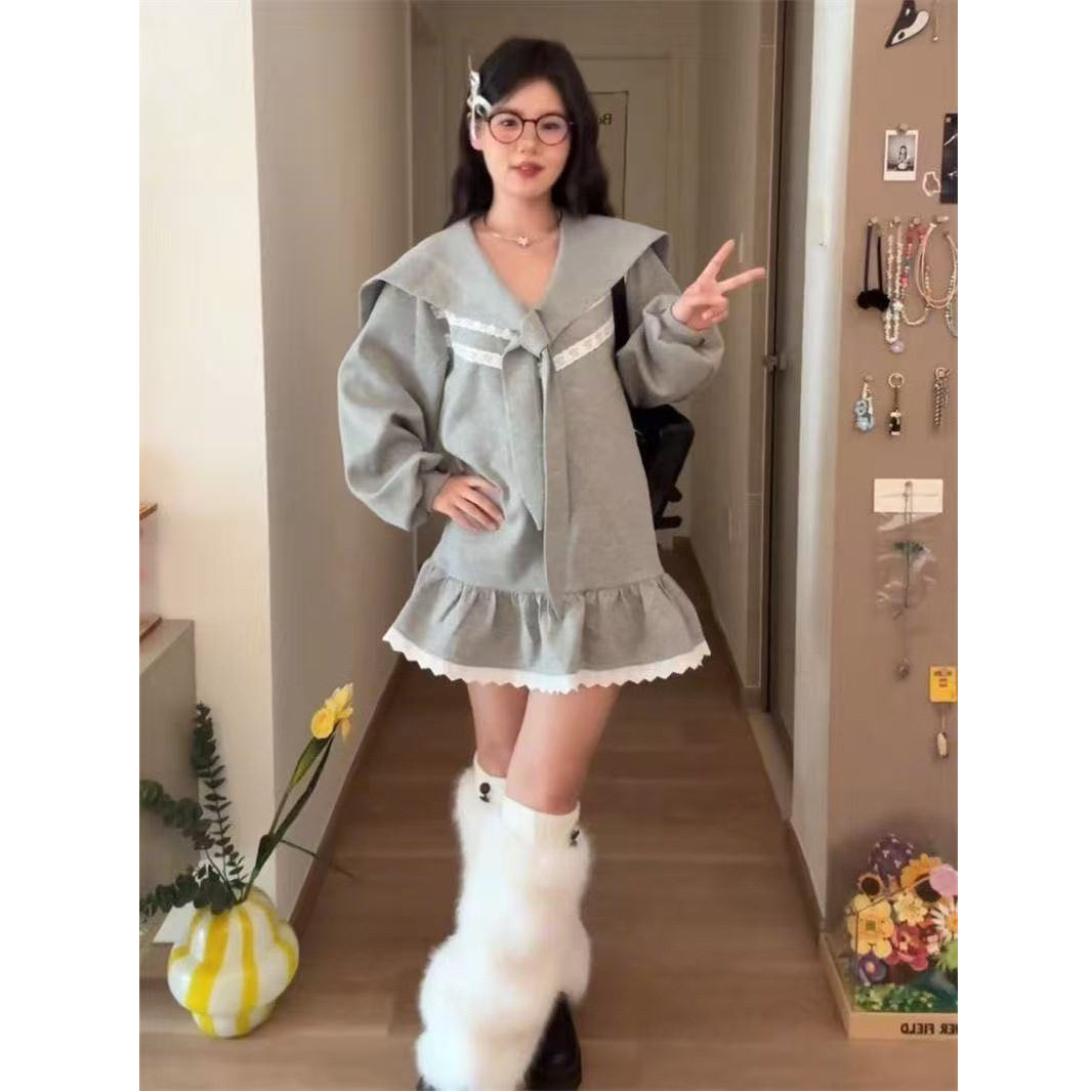 学院风海军领长袖卫衣裙女秋季新款时尚宽松小众显瘦结绑带连衣裙