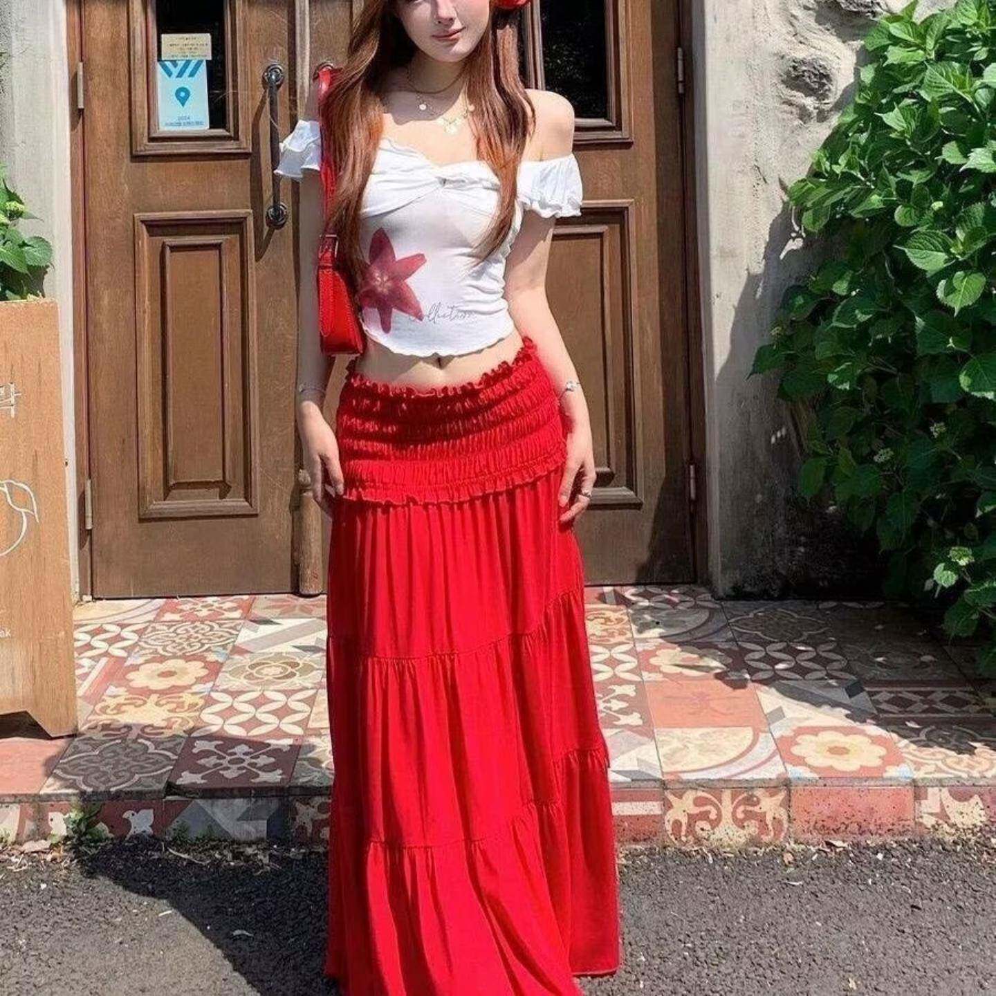 套装女夏季新款纯欲甜辣一字肩修身上衣+显瘦高腰长款半身裙