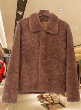 童晚晚M25627翻领休闲羊剪绒羊羔毛短外套女2025冬皮毛一体外套