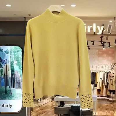 180-8713 欧货2025冬半高领亮片镂空花边袖羊绒65羊毛35针织毛衣