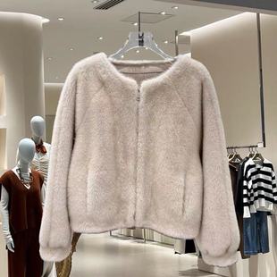 欧货冬宽松插肩长袖慵懒拉链圆领仿皮毛一体外套短款大衣潮南油女