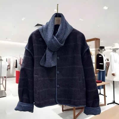 衣尚美KQWMNC71005格纹短款外套针织围巾翻边袖口休闲上衣