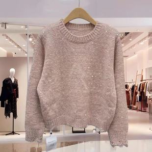 圆领宽松破洞重工亮片羊毛针织衫 新品 毛衣 2025冬季 Pin37001正品